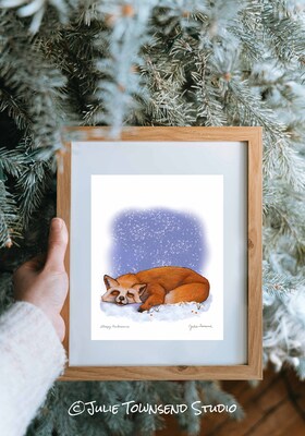 ART PRINT - SWEET FOX DREAMS - A Whimsical Drawing of a Sleeping Fox - Art for the Winter Season - Brighten Any Room for the Holidays - image1
